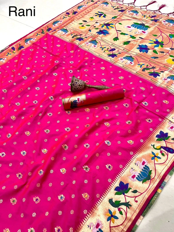 Luxurious  Silk Saree featuring Traditional Paithani Motifs and Contrast Border