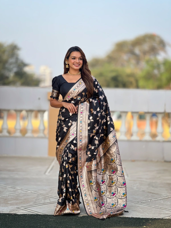 PAITHANI_HOUSE279 Luxury Banarasi Soft Silk Saree with Meenakari Weaving & Contrast Blouse - BANARASI - 4 - BLACK