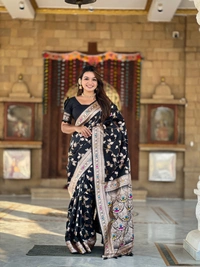 PAITHANI_HOUSE279 Luxury Banarasi Soft Silk Saree with Meenakari Weaving & Contrast Blouse - BANARASI - 4 - BLACK