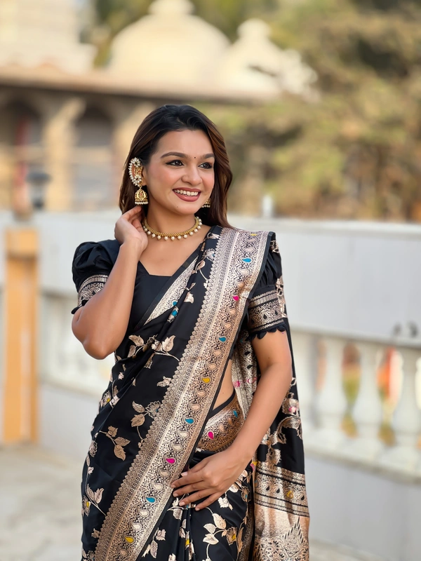 PAITHANI_HOUSE279 Luxury Banarasi Soft Silk Saree with Meenakari Weaving & Contrast Blouse - BANARASI - 4 - BLACK