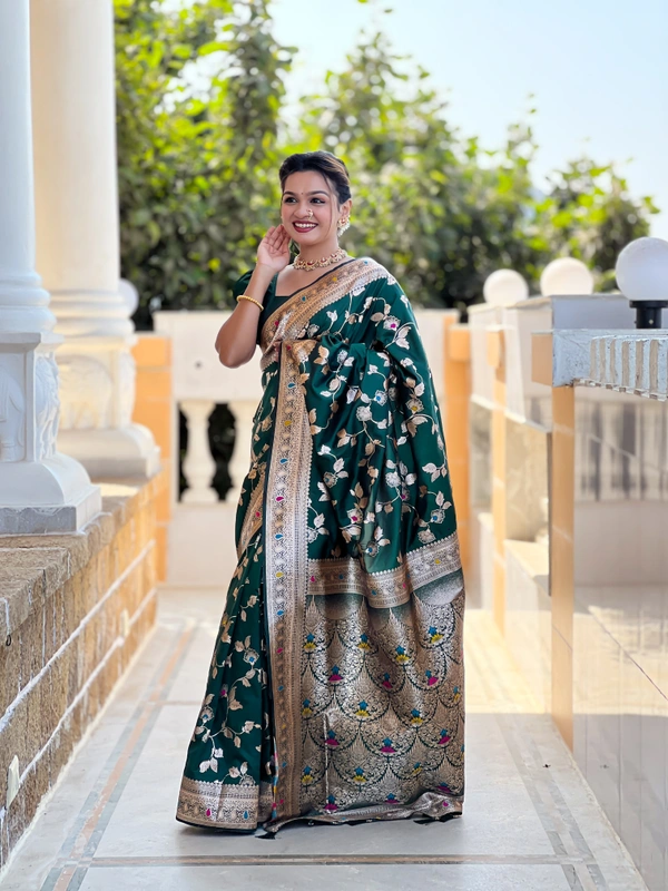 PAITHANI_HOUSE280 Luxury Banarasi Soft Silk Saree with Meenakari Weaving & Contrast Blouse - BANARASI - 5 - BOTTLE GREEN
