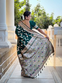 PAITHANI_HOUSE280 Luxury Banarasi Soft Silk Saree with Meenakari Weaving & Contrast Blouse - BANARASI - 5 - BOTTLE GREEN