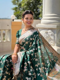 PAITHANI_HOUSE280 Luxury Banarasi Soft Silk Saree with Meenakari Weaving & Contrast Blouse - BANARASI - 5 - BOTTLE GREEN