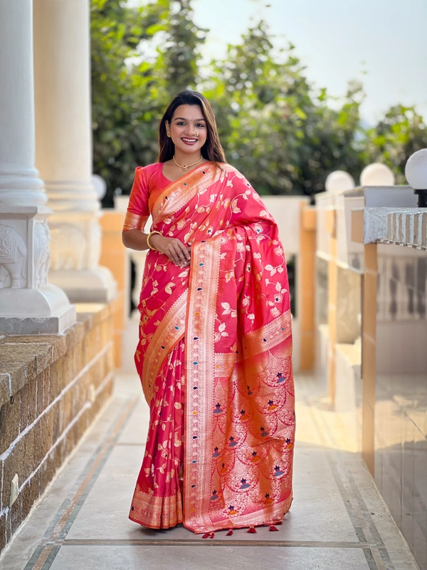 PAITHANI_HOUSE281 Luxury Banarasi Soft Silk Saree with Meenakari Weaving & Contrast Blouse - BANARASI - 5 - GAJRI PINK
