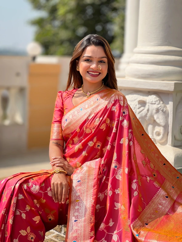 PAITHANI_HOUSE281 Luxury Banarasi Soft Silk Saree with Meenakari Weaving & Contrast Blouse - BANARASI - 5 - GAJRI PINK