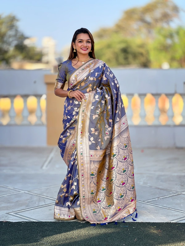 PAITHANI_HOUSE282 Luxury Banarasi Soft Silk Saree with Meenakari Weaving & Contrast Blouse - BANARASI - 5 - GREY
