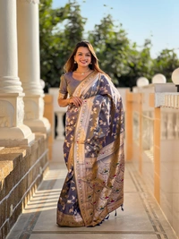 PAITHANI_HOUSE282 Luxury Banarasi Soft Silk Saree with Meenakari Weaving & Contrast Blouse - BANARASI - 5 - GREY