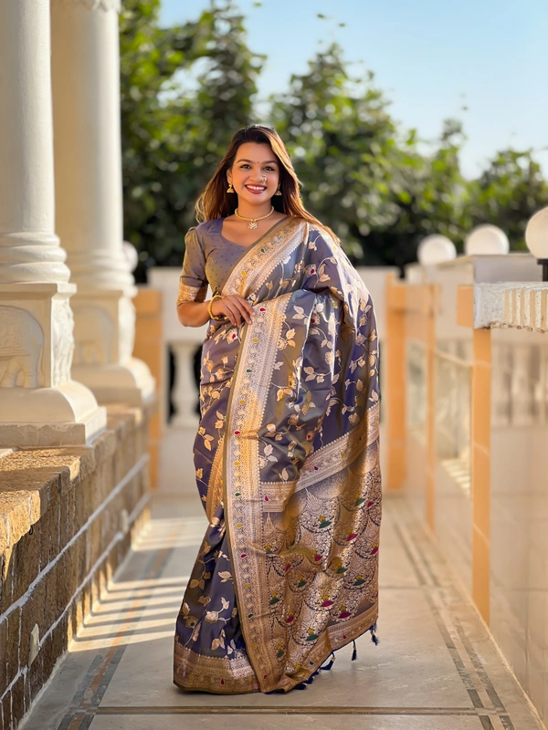PAITHANI_HOUSE282 Luxury Banarasi Soft Silk Saree with Meenakari Weaving & Contrast Blouse - BANARASI - 5 - GREY