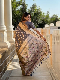 PAITHANI_HOUSE282 Luxury Banarasi Soft Silk Saree with Meenakari Weaving & Contrast Blouse - BANARASI - 5 - GREY