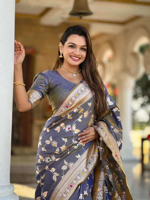 PAITHANI_HOUSE282 Luxury Banarasi Soft Silk Saree with Meenakari Weaving & Contrast Blouse - BANARASI - 5 - GREY