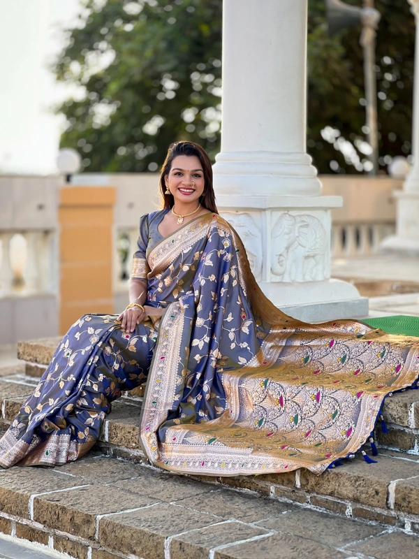 PAITHANI_HOUSE282 Luxury Banarasi Soft Silk Saree with Meenakari Weaving & Contrast Blouse - BANARASI - 5 - GREY
