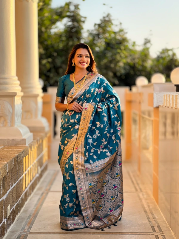 PAITHANI_HOUSE283 Luxury Banarasi Soft Silk Saree with Meenakari Weaving & Contrast Blouse - BANARASI - 5 - MORPICH