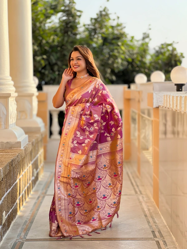 PAITHANI_HOUSE284 Luxury Banarasi Soft Silk Saree with Meenakari Weaving & Contrast Blouse - BANARASI - 5 - ONION