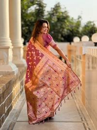 PAITHANI_HOUSE284 Luxury Banarasi Soft Silk Saree with Meenakari Weaving & Contrast Blouse - BANARASI - 5 - ONION