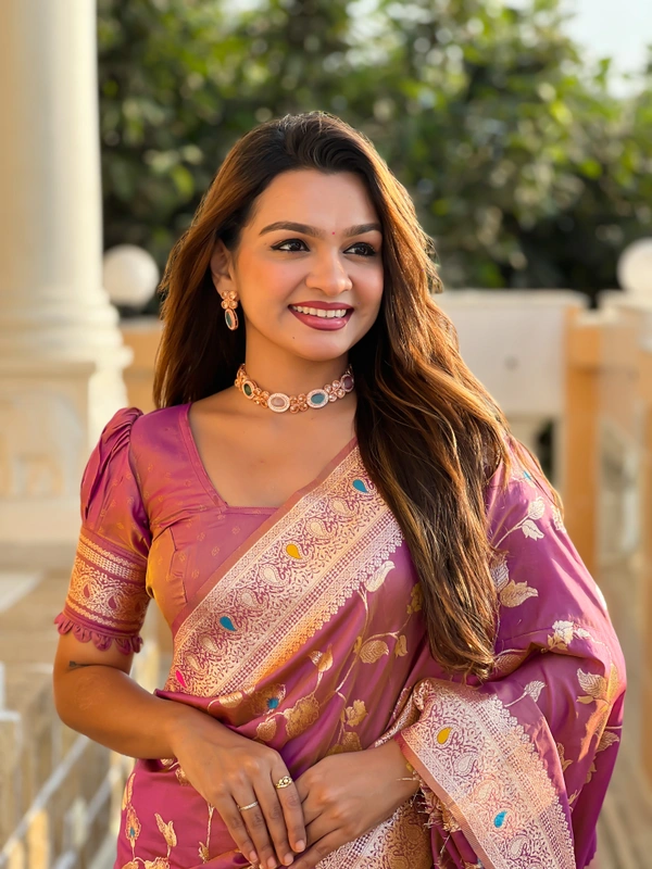 PAITHANI_HOUSE284 Luxury Banarasi Soft Silk Saree with Meenakari Weaving & Contrast Blouse - BANARASI - 5 - ONION