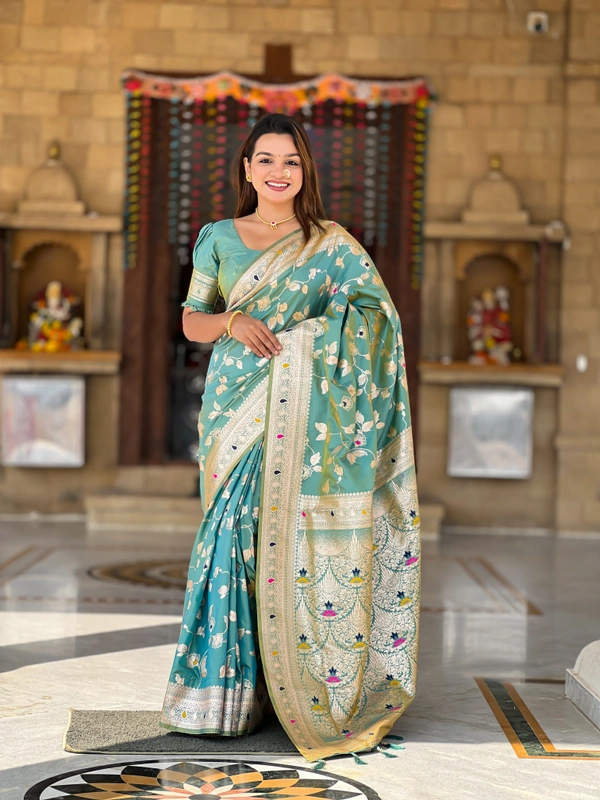 PAITHANI_HOUSE285 Luxury Banarasi Soft Silk Saree with Meenakari Weaving & Contrast Blouse - BANARASI - 5 - PISTA