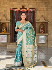 PAITHANI_HOUSE285 Luxury Banarasi Soft Silk Saree with Meenakari Weaving & Contrast Blouse - BANARASI - 5 - PISTA