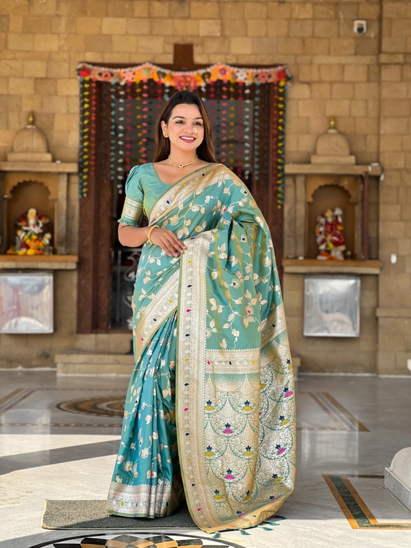 PAITHANI_HOUSE285 Luxury Banarasi Soft Silk Saree with Meenakari Weaving & Contrast Blouse - BANARASI - 5 - PISTA