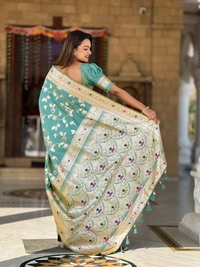 PAITHANI_HOUSE285 Luxury Banarasi Soft Silk Saree with Meenakari Weaving & Contrast Blouse - BANARASI - 5 - PISTA