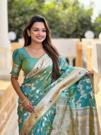 PAITHANI_HOUSE285 Luxury Banarasi Soft Silk Saree with Meenakari Weaving & Contrast Blouse - BANARASI - 5 - PISTA