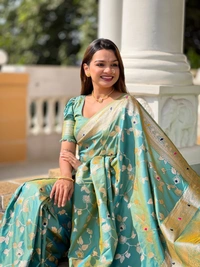PAITHANI_HOUSE285 Luxury Banarasi Soft Silk Saree with Meenakari Weaving & Contrast Blouse - BANARASI - 5 - PISTA