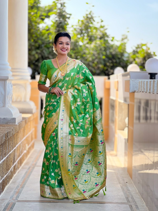 PAITHANI_HOUSE286 Luxury Banarasi Soft Silk Saree with Meenakari Weaving & Contrast Blouse - BANARASI - 5 - Parrot Green