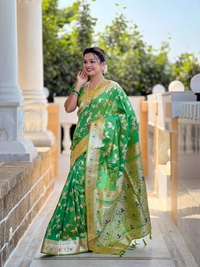 PAITHANI_HOUSE286 Luxury Banarasi Soft Silk Saree with Meenakari Weaving & Contrast Blouse - BANARASI - 5 - Parrot Green