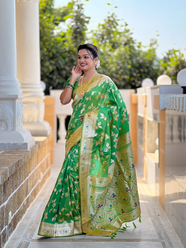 PAITHANI_HOUSE286 Luxury Banarasi Soft Silk Saree with Meenakari Weaving & Contrast Blouse - BANARASI - 5 - Parrot Green