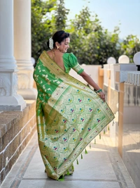 PAITHANI_HOUSE286 Luxury Banarasi Soft Silk Saree with Meenakari Weaving & Contrast Blouse - BANARASI - 5 - Parrot Green