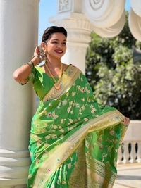 PAITHANI_HOUSE286 Luxury Banarasi Soft Silk Saree with Meenakari Weaving & Contrast Blouse - BANARASI - 5 - Parrot Green