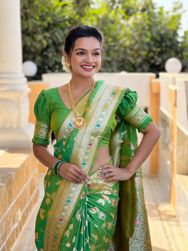 PAITHANI_HOUSE286 Luxury Banarasi Soft Silk Saree with Meenakari Weaving & Contrast Blouse - BANARASI - 5 - Parrot Green