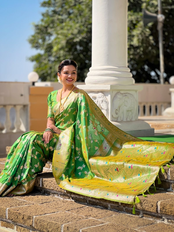 PAITHANI_HOUSE286 Luxury Banarasi Soft Silk Saree with Meenakari Weaving & Contrast Blouse - BANARASI - 5 - Parrot Green