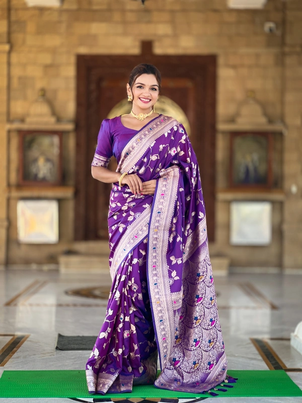 PAITHANI_HOUSE287 Luxury Banarasi Soft Silk Saree with Meenakari Weaving & Contrast Blouse - BANARASI - 5 - PURPLE