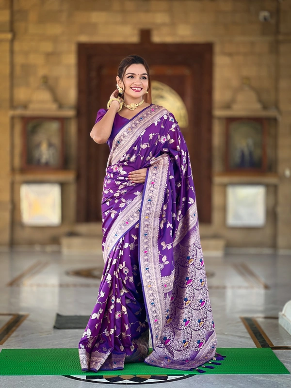 PAITHANI_HOUSE287 Luxury Banarasi Soft Silk Saree with Meenakari Weaving & Contrast Blouse - BANARASI - 5 - PURPLE