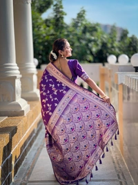 PAITHANI_HOUSE287 Luxury Banarasi Soft Silk Saree with Meenakari Weaving & Contrast Blouse - BANARASI - 5 - PURPLE