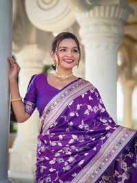 PAITHANI_HOUSE287 Luxury Banarasi Soft Silk Saree with Meenakari Weaving & Contrast Blouse - BANARASI - 5 - PURPLE