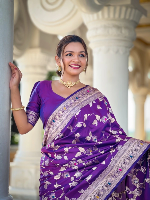 PAITHANI_HOUSE287 Luxury Banarasi Soft Silk Saree with Meenakari Weaving & Contrast Blouse - BANARASI - 5 - PURPLE