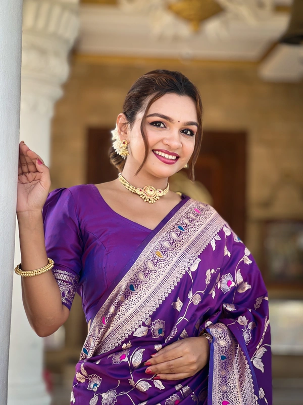 PAITHANI_HOUSE287 Luxury Banarasi Soft Silk Saree with Meenakari Weaving & Contrast Blouse - BANARASI - 5 - PURPLE