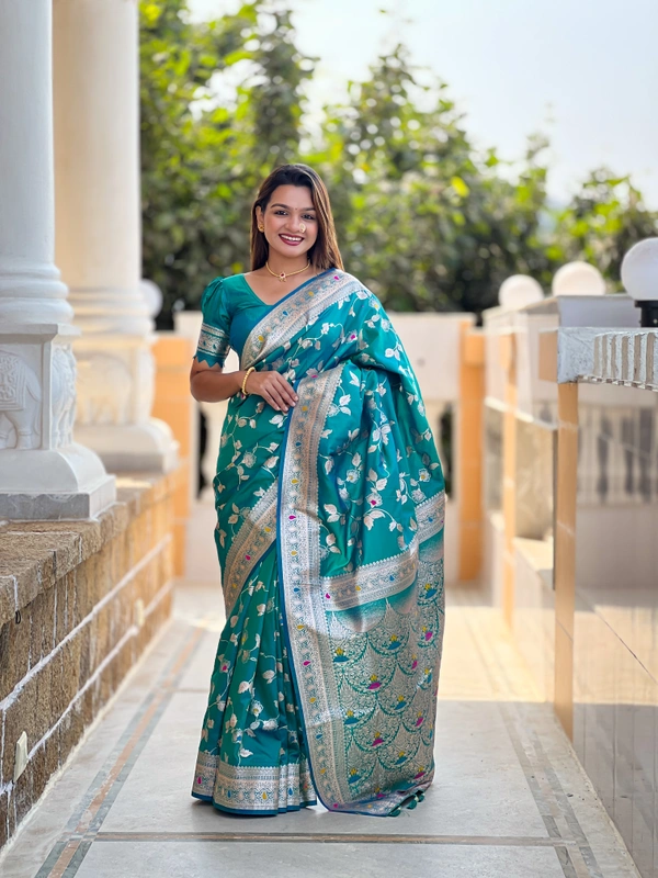 PAITHANI_HOUSE288 Luxury Banarasi Soft Silk Saree with Meenakari Weaving & Contrast Blouse - BANARASI - 5 - RAMA