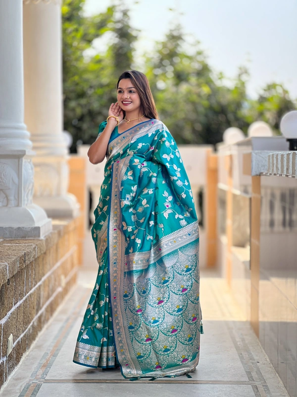 PAITHANI_HOUSE288 Luxury Banarasi Soft Silk Saree with Meenakari Weaving & Contrast Blouse - BANARASI - 5 - RAMA