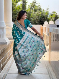 PAITHANI_HOUSE288 Luxury Banarasi Soft Silk Saree with Meenakari Weaving & Contrast Blouse - BANARASI - 5 - RAMA