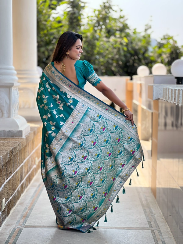 PAITHANI_HOUSE288 Luxury Banarasi Soft Silk Saree with Meenakari Weaving & Contrast Blouse - BANARASI - 5 - RAMA