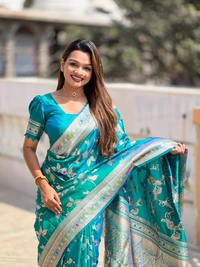 PAITHANI_HOUSE288 Luxury Banarasi Soft Silk Saree with Meenakari Weaving & Contrast Blouse - BANARASI - 5 - RAMA