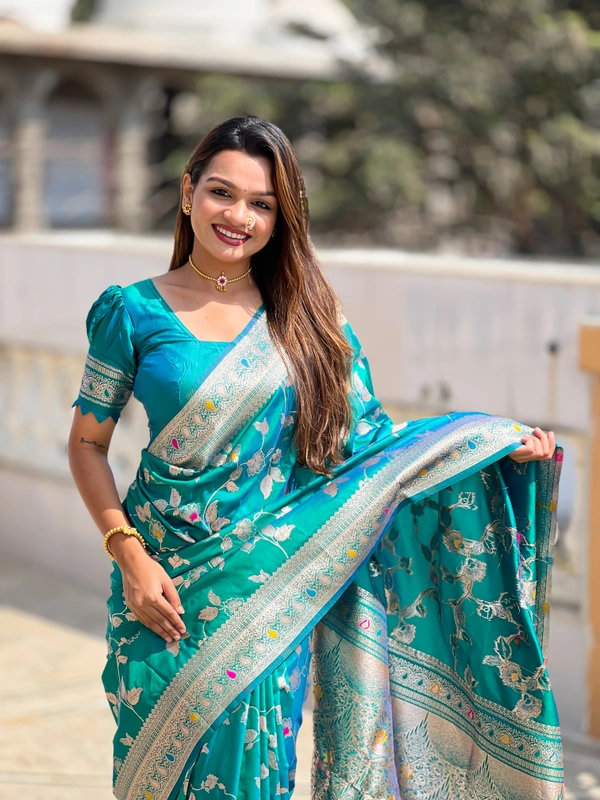 PAITHANI_HOUSE288 Luxury Banarasi Soft Silk Saree with Meenakari Weaving & Contrast Blouse - BANARASI - 5 - RAMA