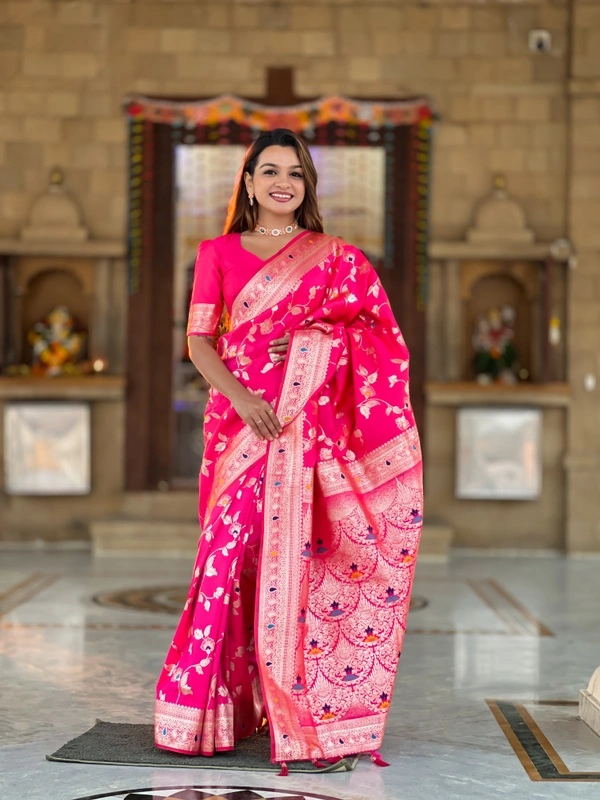 PAITHANI_HOUSE289 Luxury Banarasi Soft Silk Saree with Meenakari Weaving & Contrast Blouse - BANARASI - 5 - RANI