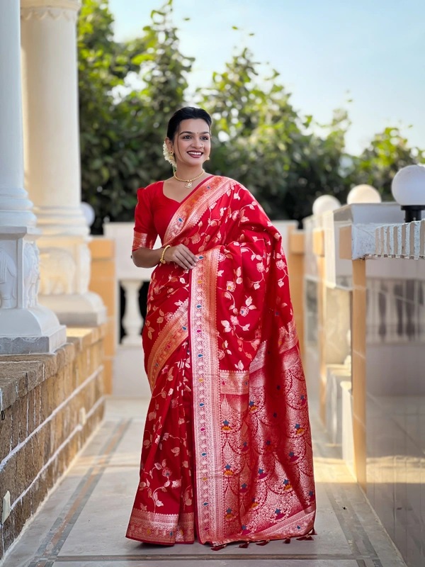 PAITHANI_HOUSE290 Luxury Banarasi Soft Silk Saree with Meenakari Weaving & Contrast Blouse - BANARASI - 5 - RED