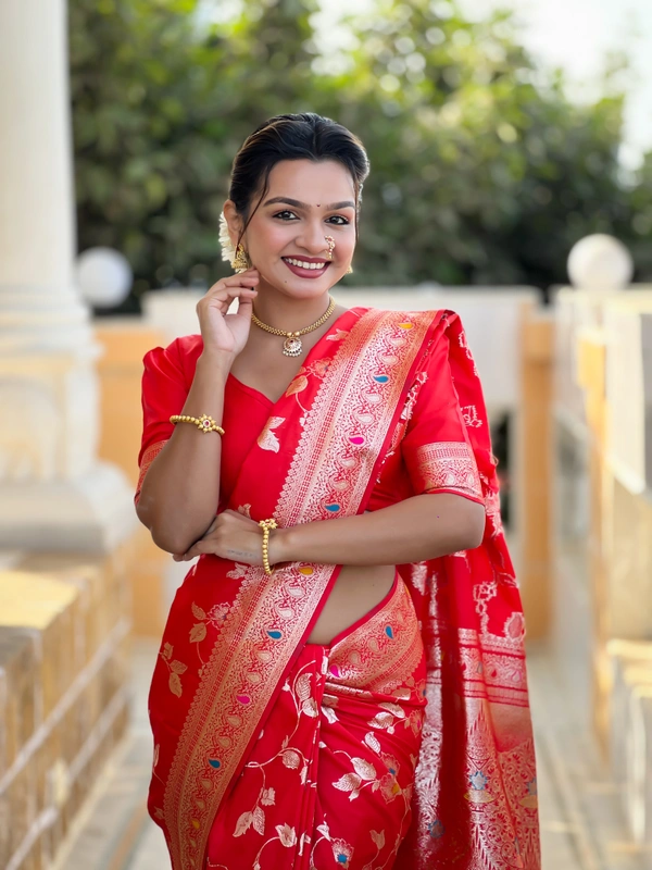 PAITHANI_HOUSE290 Luxury Banarasi Soft Silk Saree with Meenakari Weaving & Contrast Blouse - BANARASI - 5 - RED