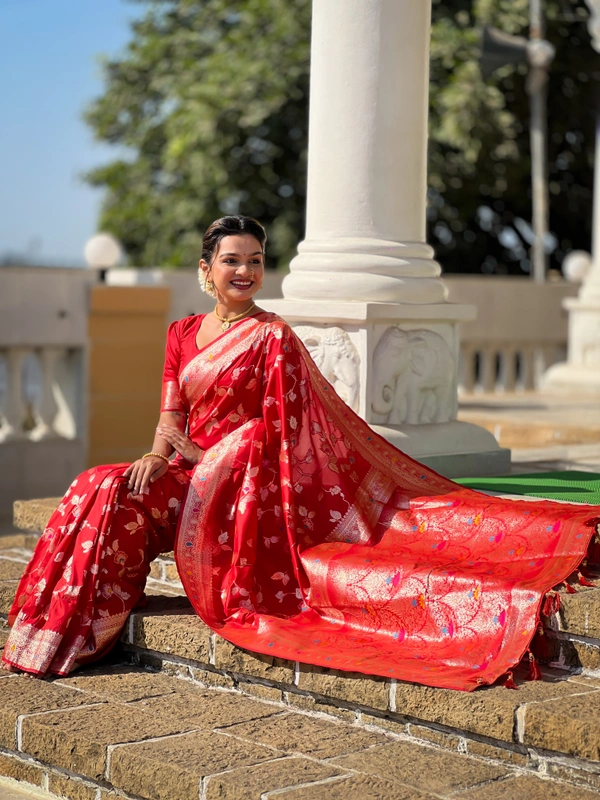 PAITHANI_HOUSE290 Luxury Banarasi Soft Silk Saree with Meenakari Weaving & Contrast Blouse - BANARASI - 5 - RED