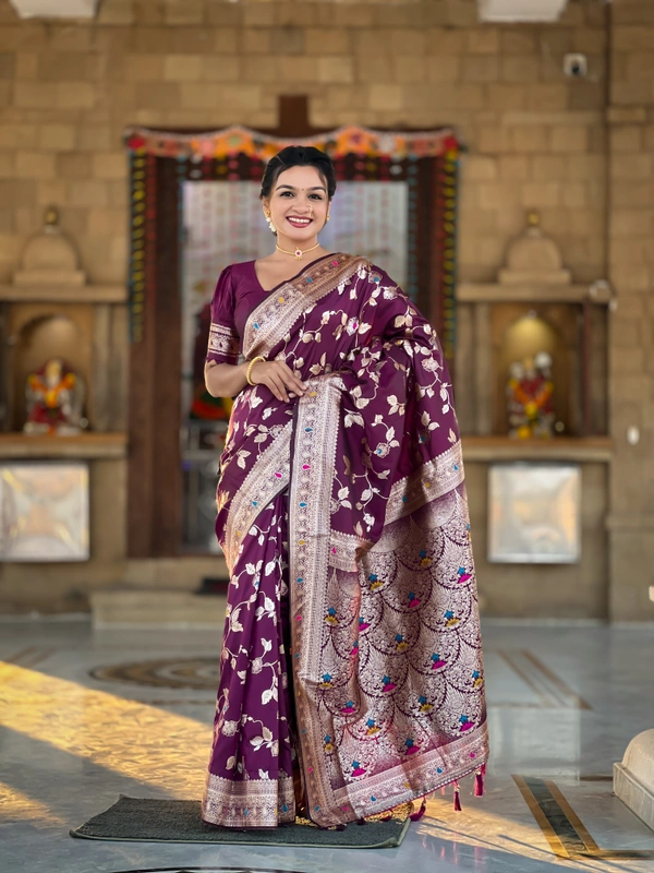 PAITHANI_HOUSE291 Luxury Banarasi Soft Silk Saree with Meenakari Weaving & Contrast Blouse - BANARASI - 5 - WINE