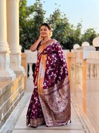 PAITHANI_HOUSE291 Luxury Banarasi Soft Silk Saree with Meenakari Weaving & Contrast Blouse - BANARASI - 5 - WINE